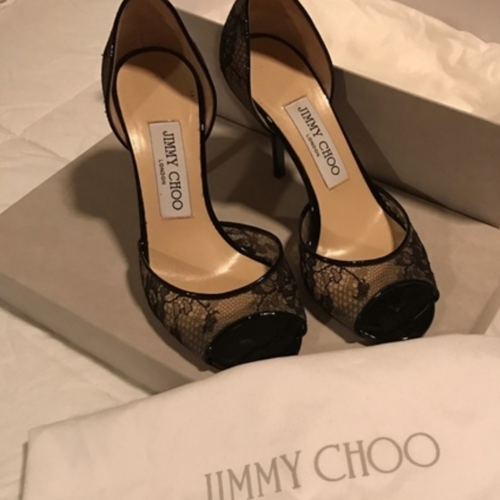 Jimmy Choo Black Luna Peep Toe Lace Pumps, Size 37 /US 7 Authentic - Picture 1 of 13